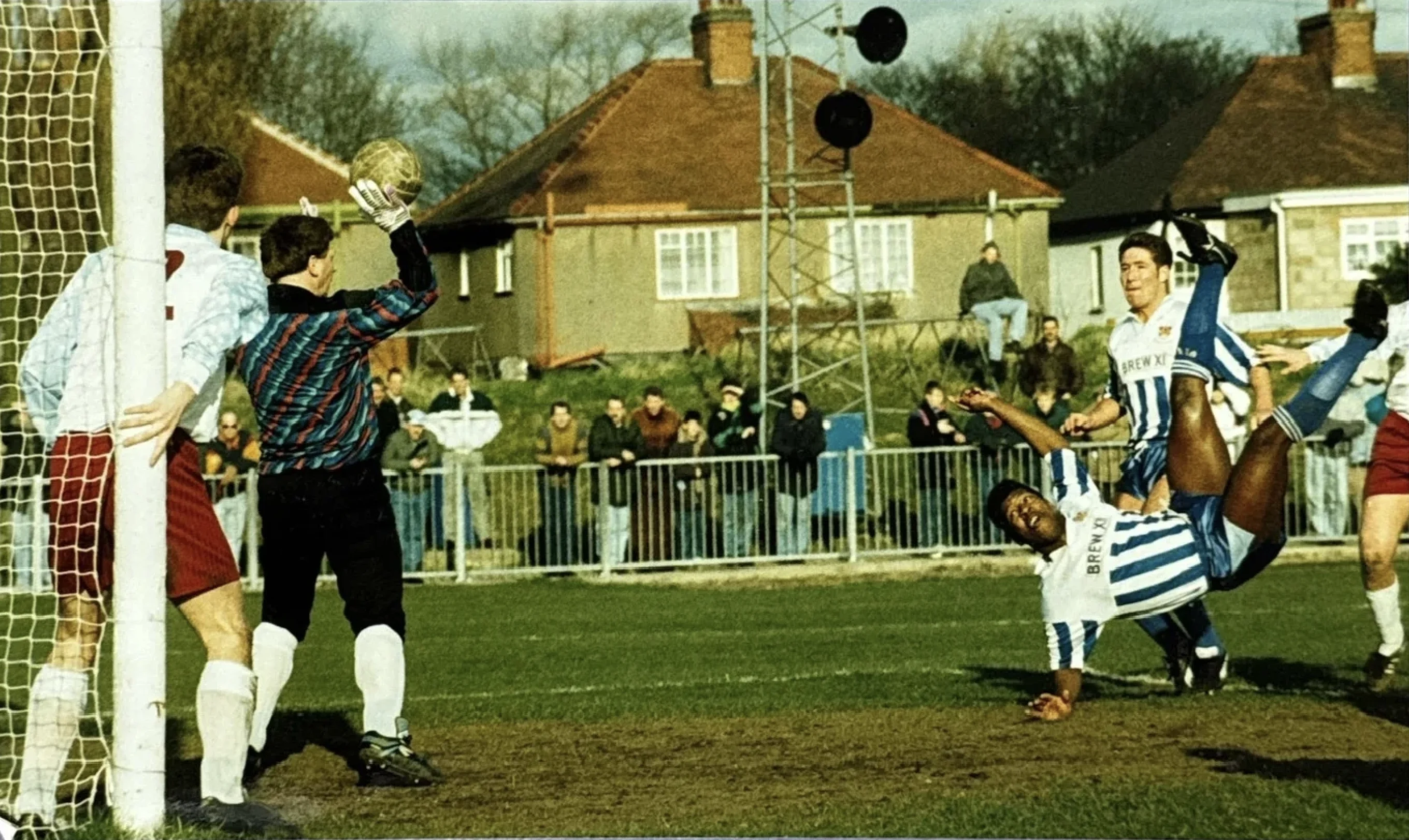 Mark Rosegreen volleys acrobatically in the penalty area